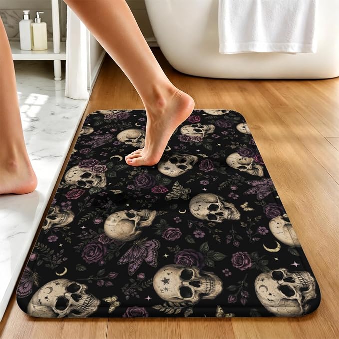 16"x24" Skull Rose Memory Foam Bath Mat, Absorbent Non-Slip Quick Dry Bathroom Rug, Gothic Tattoo Dark Aesthetic Decor for Tub Shower Entryway Kitchen - skull toilet rug