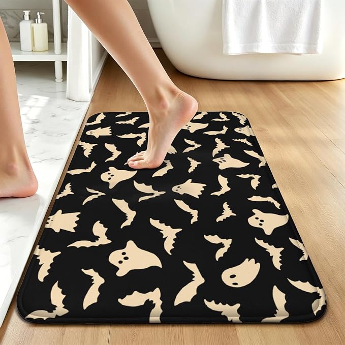 Halloween Boo Bat Bath Mat, 16"x24" Memory Foam Bathroom Floor Rug, Soft Absorbent Non‑Slip Quick Dry Bath Rug, Spooky Halloween Farmhouse Decor for Tub Shower Entryway Kitchen - skull toilet mat