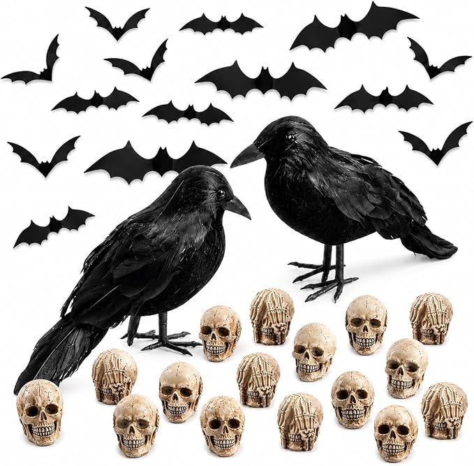 Black Crows, Mini Skulls, Bats, 162Pcs Halloween Decorations Set - skull wreath