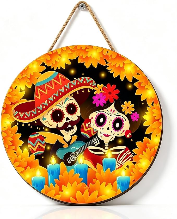 Halloween Wooden Sign The Day of Dead Decor with Skull designs Gold Flower Round Hanging Spooky Wreaths for Halloween Party Decoration，Home Wall Outdoor Indoor Garden Supplies - skull wreath
