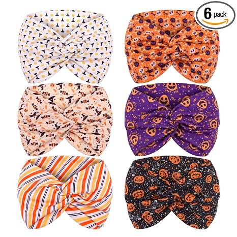 6 Pack Halloween Headbands for Celebration Party, Wide Holiday Hair Bands - skull headband