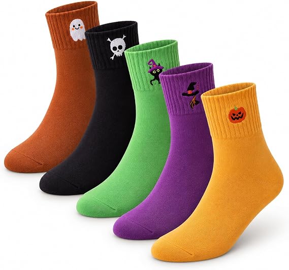 Newcotte 5 Pairs Halloween Crew Socks for Women, Halloween Patterns Design - sugar skull costume