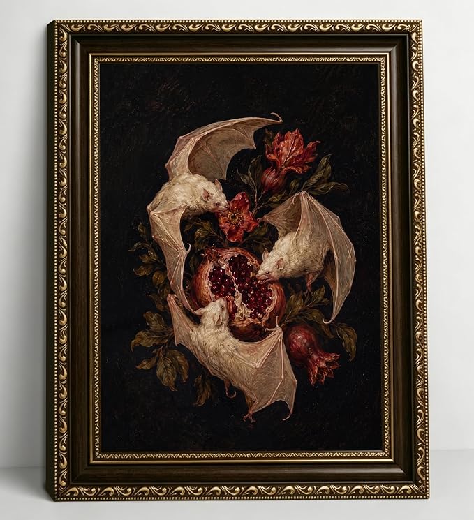 Gothic Halloween Bat Framed Wall Art, Dark Pomegranate Floral Canvas 12x16 - skull wall art