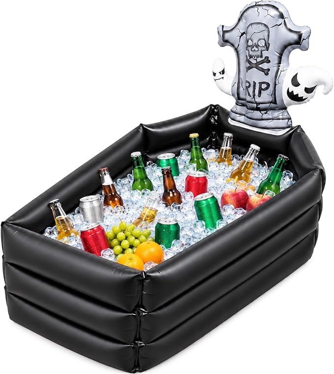 Inflatable Coffin Cooler for Halloween Party, 100+ Cans Tombstone Drink Bar - skull inflatable
