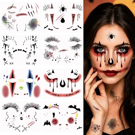Halloween Face Temporary Tattoos Stickers Women Makeup Decals 8 Sheets - skull sticker