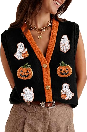 Women Halloween Sweater Vests Sleeveless Button Down Cardigan - skull jacket