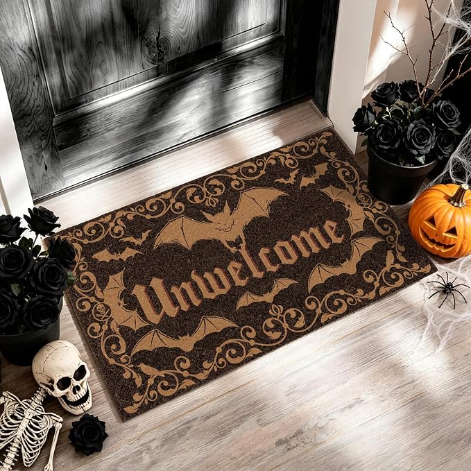 Halloween Door Mat, Dark Bat Gothic Unwelcome Door Mat for Porch - skull door mat