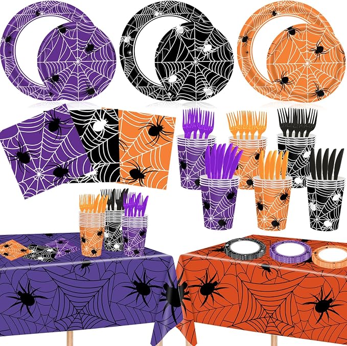 Halloween Party Tableware Set for 24 Guests, Spider Web Pattern 9 Inch & 7 Inch Disposable Paper Plates Napkins Cups Forks & 2 Tablecloths, Halloween Spider Themed Party Supplies Decorations - skull plate