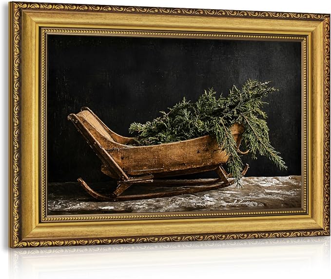 RLKHG Vintage Christmas Sleigh Evergreen Wall Art, Wood Framed 12x16 Inch - skull wall art