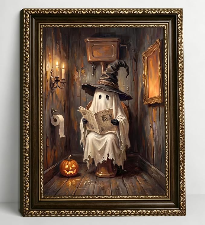 Funny Halloween Ghost Bathroom Framed Wall Art, Vintage Witch 9 x 11