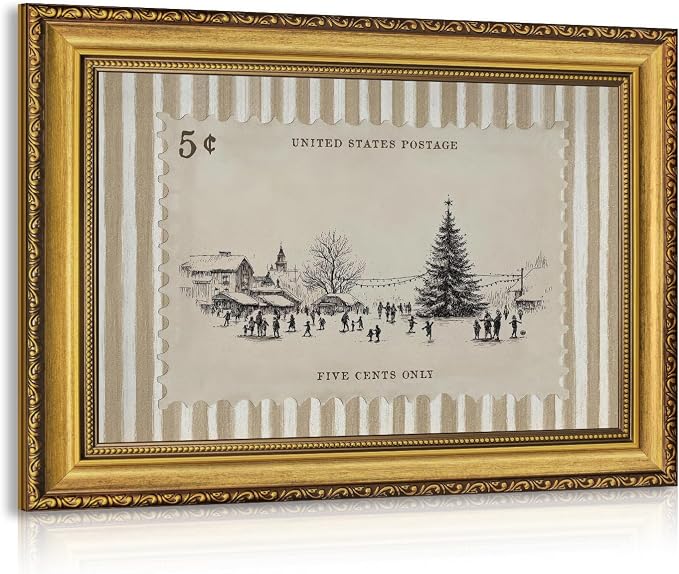 CAZLOUC Winter Village Christmas Stamp Wall Art, Wood Framed 12x16 Inch - skull wall art