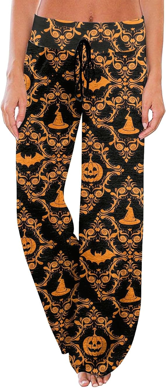 Halloween Pajama Pants Women Funny Pumpkin Spider Sleep Pants Elastic Waist Drawstring Wide Leg Long Bottoms - skull pajamas