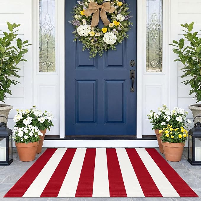 KOZYFLY Striped Rug 2.3×3.6 ft Orange and White Halloween Fall Front Door Mat Cotton Woven Washable Indoor Outdoor Rug for Entryway Porch Kitchen Patio Decor Small Area Rugs