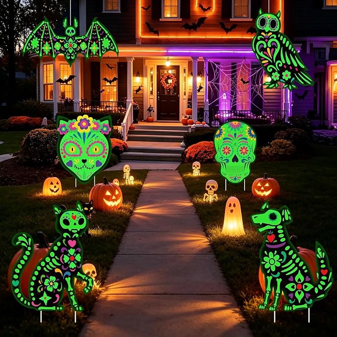 6PCS Day of the Dead Yard Signs, Glow in the Dark Sugar Skull Outdoor Decor - skull inflatable