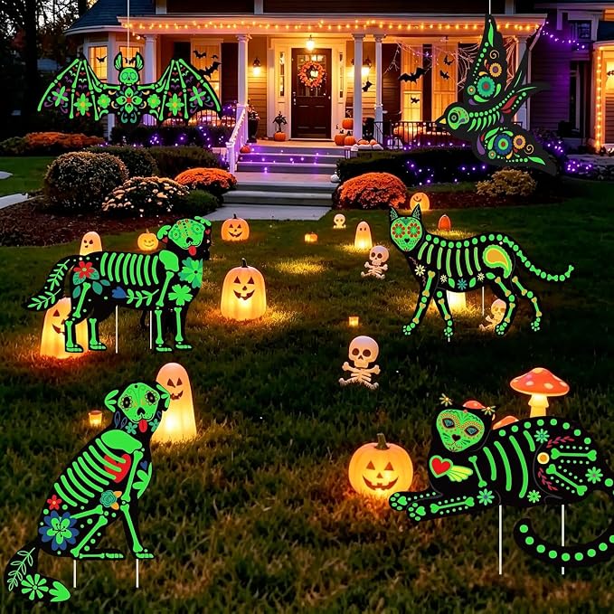 6PCS Day of the Dead Sugar Skull Animals Yard Signs Glow in the Dark Decor - skull inflatable