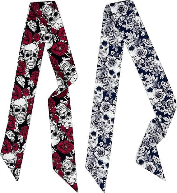 2PCS Gothic Halloween Scarf for Purse Handbags Women Hair Ribbon Skull Rose - sugar skull handbags for sale