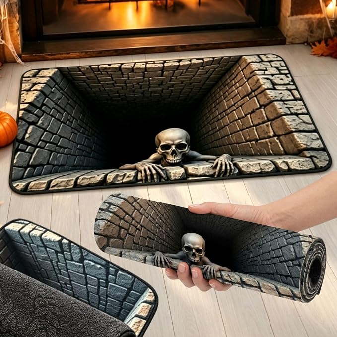 Halloween 3D Rug, Non-Slip Optical Illusion Rugs，1PC S - skull floor mat