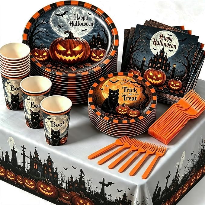 Halloween Party Supplies Plates and Napkins Set, Halloween Disposable Tableware with Dinner Plates, Dessert Plates, Cups, Napkins, Forks & Tablecloth for Halloween Party Decorations, Serves 24 - skull plate
