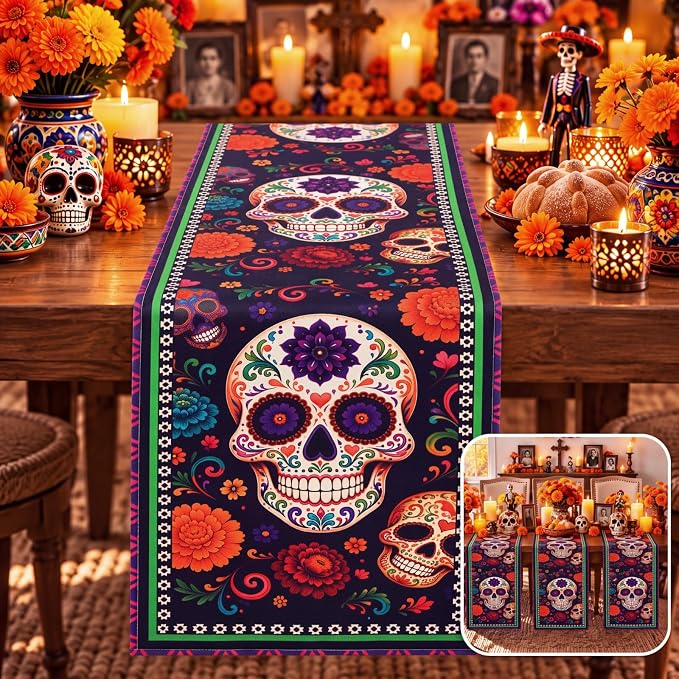 Panelee 3 Pcs Dia De Los Muertos Decor Sugar Skull Table Runner,13 x72 Inch - skull plate