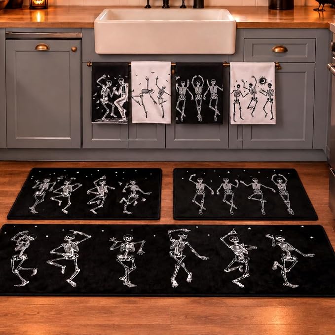 7 Pcs Halloween Skeleton Kitchen Decor Set Gothic Home Decor - skull floor mat