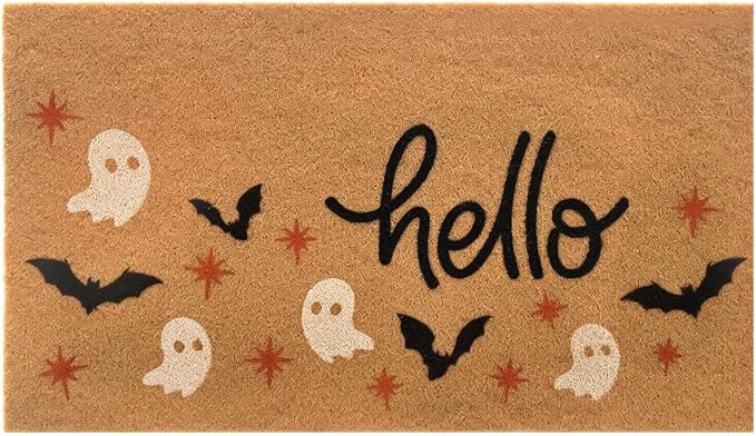 Halloween Door Mat Coir Ghost Welcome Front Door Mat Low Profile Doormat 17 “x 29” Non-Slip PVC Backing