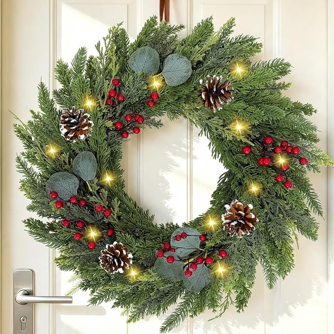 24Inch Christmas Wreaths for Front Door with 8 Function Lights Cedar Wreath - skull wreath