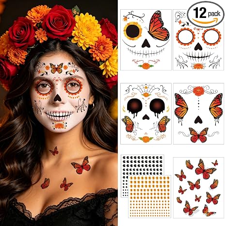 JUNEBRUSHS 12Pcs Dia De Los Muertos Face Tattoos Monarch Butterfly with Gem - sugar skull makeup