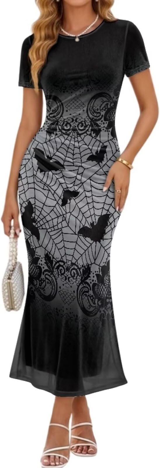 Long Maxi Dress for Women Short Sleeve Pleated Bodycon Dresses Slim Fit Sundress for Party - sugar skull dress
