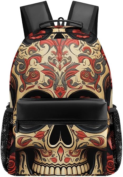 Red Rose Sugar Skull Laptop Backpack Sleek Travel Pack Gym Bag - skull backpack