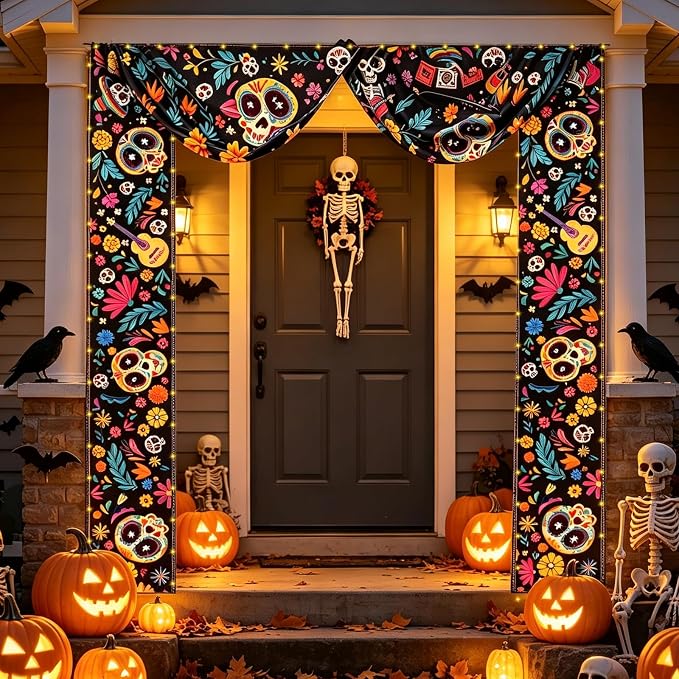 Dia De Los Muertos Decorations Porch Banner with Light, Sugar Skull - string light
