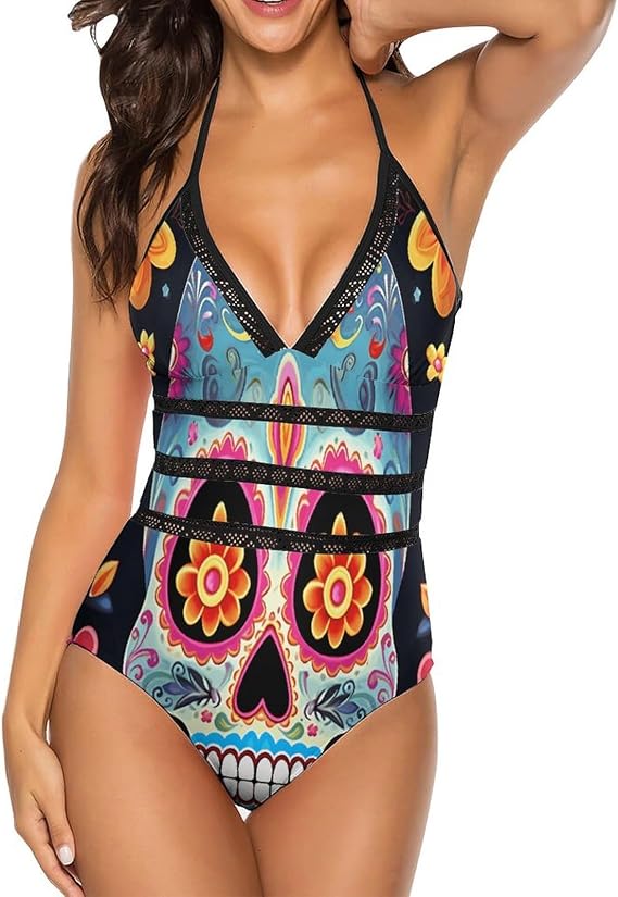 Sugar Skulls One Piece Swimsuits for Women - skull swimsuit