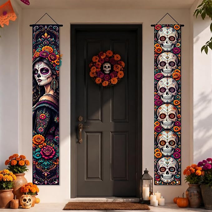 Nuxovilar 2Pcs Sugar Skull Door Covers Banner 71x12 Inches Polyester - skull carpet