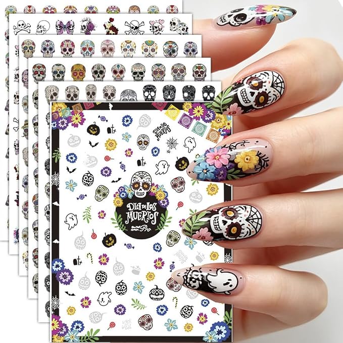 Halloween Nail Stickers for Nail Art Spooky Skull Nail Decals Horror Skeleton Zombie Design Sticker 6Pcs Self Adhesive Gothic Nail Decoration for Women Manicure Accessories - skull sticker