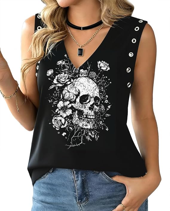 Country Concert Outfit for Women Graphic Tees V Neck Band Shirt Western Top - skull tshirt