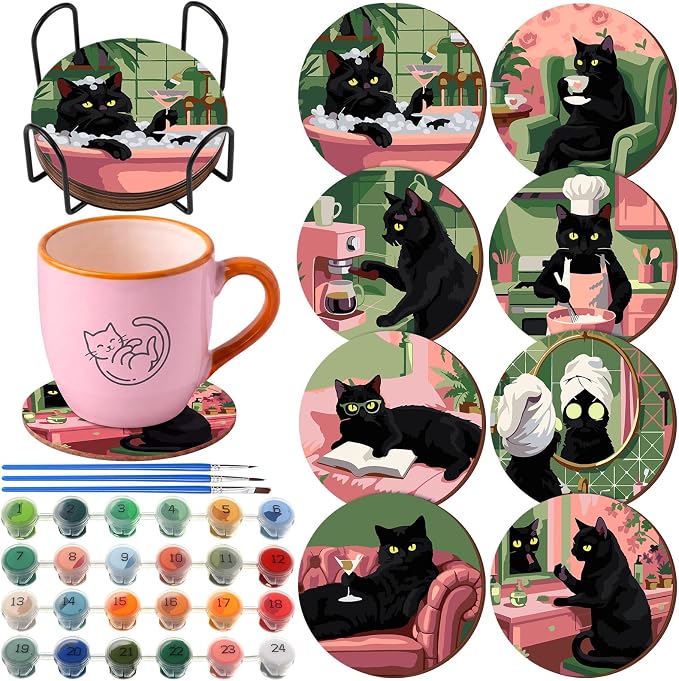 Reallnaive 8 Pcs Black Cat Paint by Numbers Kit for Adults Wooden Coasters - skull coaster