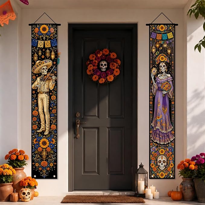 Nuxovilar Day of the Dead Door Covers Banner 35×71 Inches Polyester