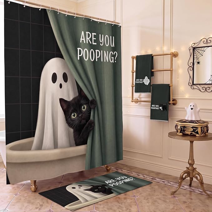 Mixweer 4 Pcs Halloween Ghost Black Cat Shower Curtain Set with Towels Rugs - skull toilet paper
