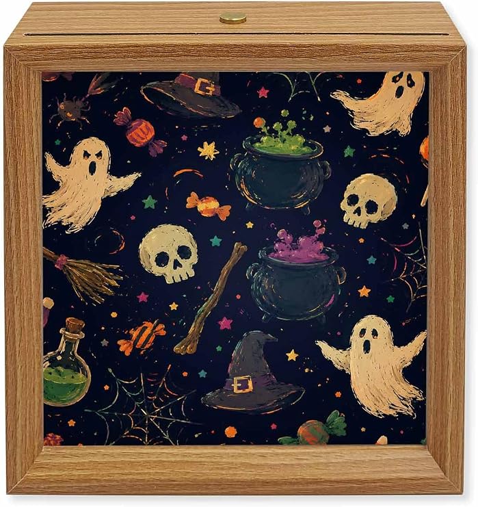 Halloween Wood Night Light Box Blue Skull Ghost Wooden LED Night Lights with USB Rechargeable Dimmable Touch Square Table Light Witch Hat Candy Magic Potion Wood Picture Frame Lamp for Bedside Desktop