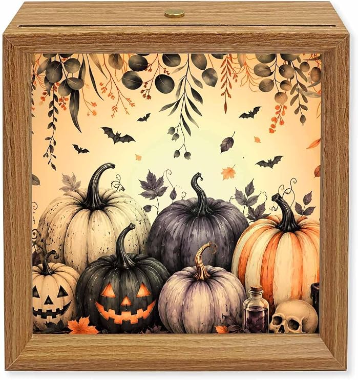 Halloween Wood Night Light Box Grimace Pumpkin Wooden LED Night Lights with USB Rechargeable Dimmable Touch Table Light Skull Bat Purple Orange Leaves Wood Picture Frame Lamp for Bedside Desktop