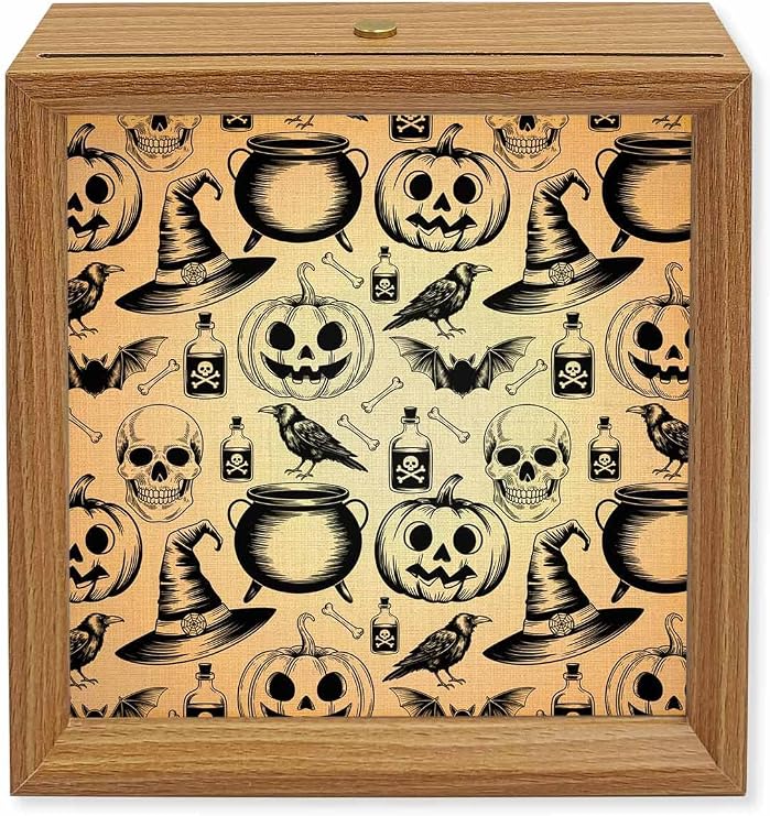 Halloween Wood Night Light Box Pumpkin Skull Wooden LED Night Lights with USB Rechargeable Dimmable Touch Square Table Light Bone Potion Crow Bat Linen Wood Picture Frame Lamp for Bedside Desktop