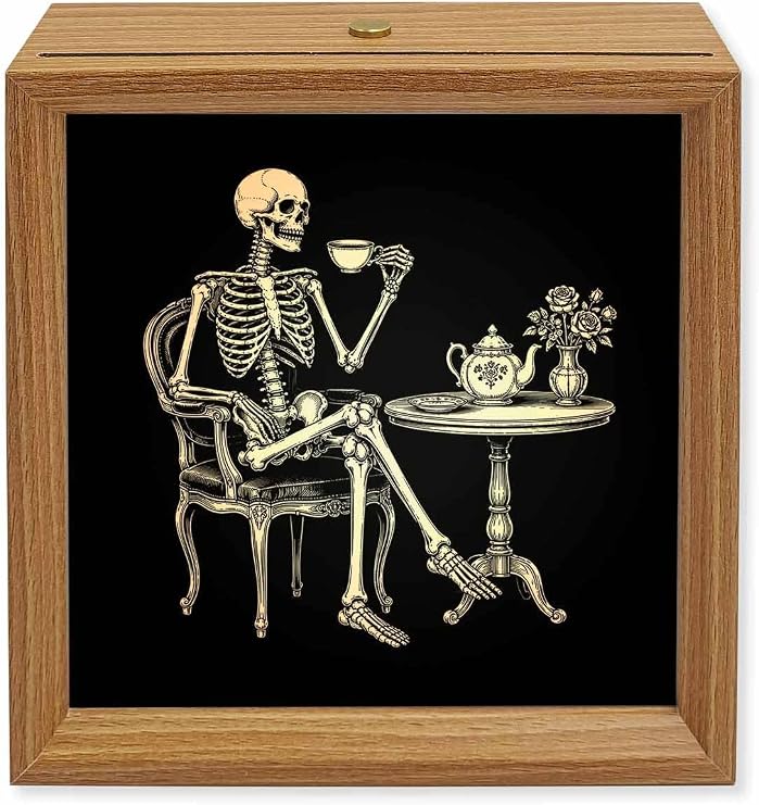 Halloween Wood Night Light Box Skeleton Sitting Tea Time Wooden LED Night Lights with USB Rechargeable Dimmable Touch Square Table Light Tea Cup Funny Skull Wood Picture Frame Lamp for Bedside Desktop