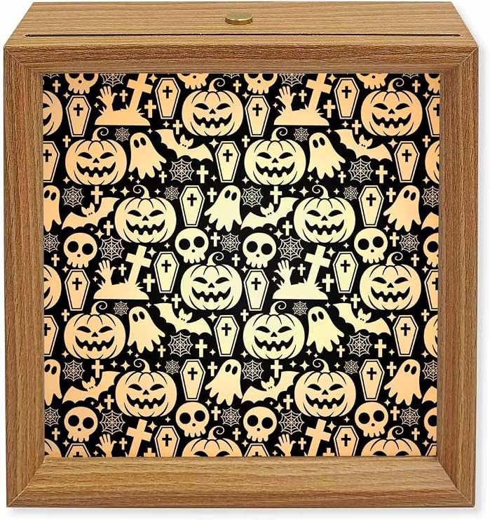 Halloween Wood Night Light Box Black Skull Grimace Pumpkin Wooden LED Night Lights with USB Rechargeable Dimmable Light Bat Cobwebs Ghost Tombstone Wood Picture Frame Lamp for Bedside Desktop