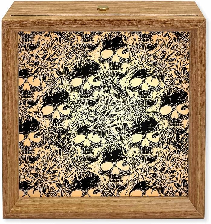 Halloween Wood Night Light Box Horror Skull Wooden LED Night Lights with USB Rechargeable Dimmable Touch Square Table Light Skeletons Floral Black Wood Picture Frame Lamp for Bedside Desktop Display