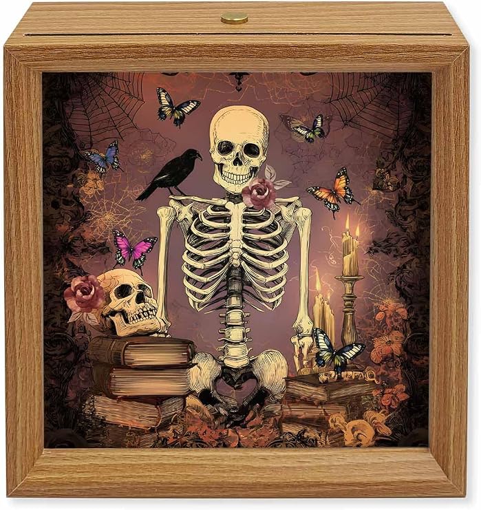 Halloween Wood Night Light Box Butterfly Skull Wooden LED Night Lights with USB Rechargeable Dimmable Touch Table Light Horror Skeleton Candle Book Cobwebs Wood Picture Frame Lamp for Bedside Desktop