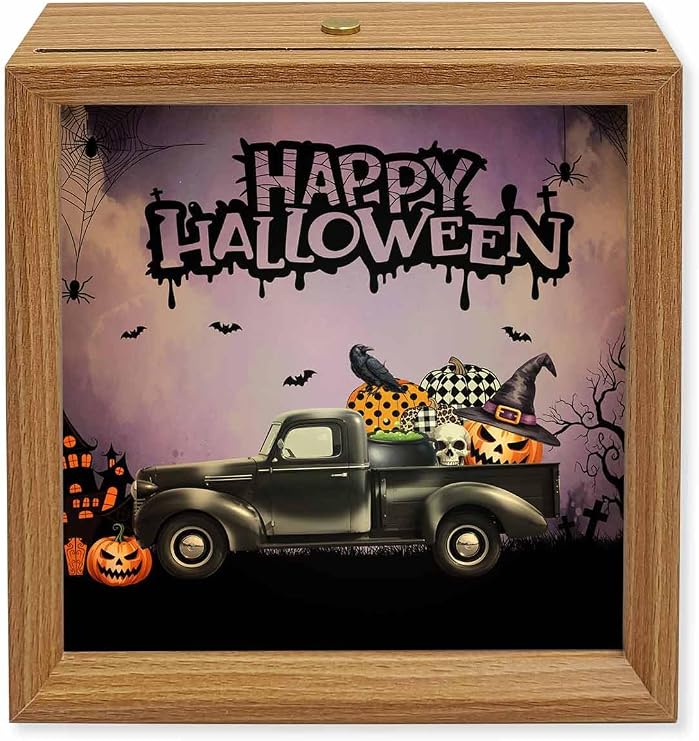 Halloween Wood Night Light Box Skull Crow Pumpkin Wooden LED Night Lights with USB Rechargeable Dimmable Touch Table Light Black Truck Bats Cobwebs Purple Wood Picture Frame Lamp for Bedside Desktop