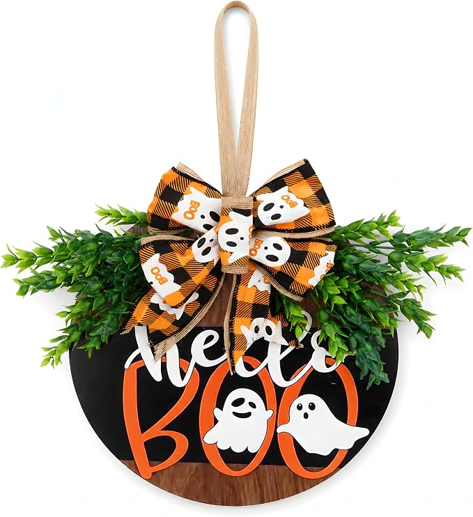 Halloween Door Sign for Front Door, 11.8 Inch Wooden Hello Boo Wreath with Ghost Bow and Greenery, Rustic Halloween Hanging Decor for Porch, Entryway, Wall - skull wreath