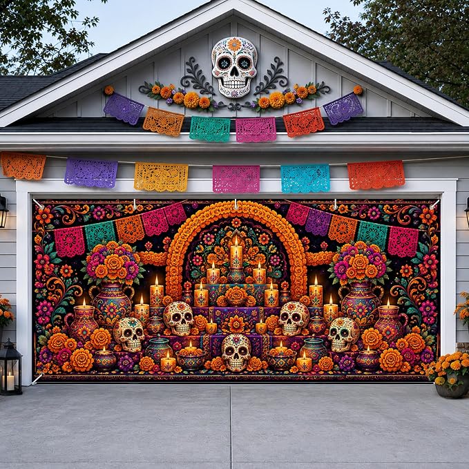 IVN Dia de Los Muertos Garage Door Cover 16x7ft Sugar Skull Altar Banner