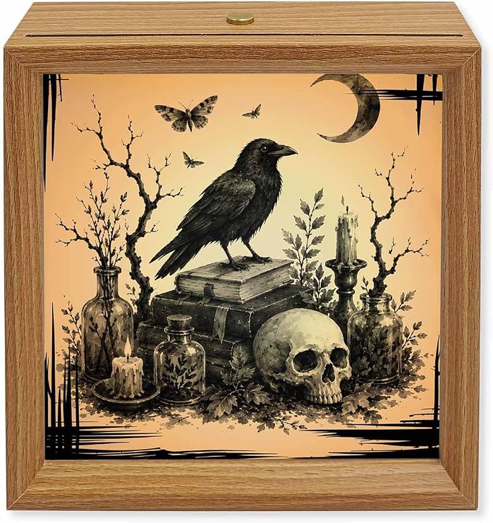 Halloween Wood Night Light Box Black Crow Skull Wooden LED Night Lights with USB Rechargeable Dimmable Touch Square Table Light Book Candles Branches Wood Picture Frame Lamp for Bedside Desktop