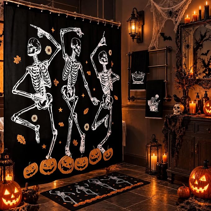 Mixweer 4 Pcs Halloween Skeleton Ghost Shower Curtain Set with Towels Rug - skull toilet rug