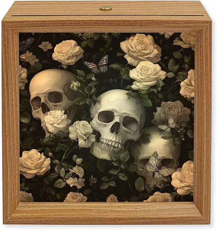 Halloween Wood Night Light Box White Rose Skull Wooden LED Night Lights with USB Rechargeable Dimmable Touch Square Table Light Horror Skeleton Wood Picture Frame Lamp for Bedside Desktop Display